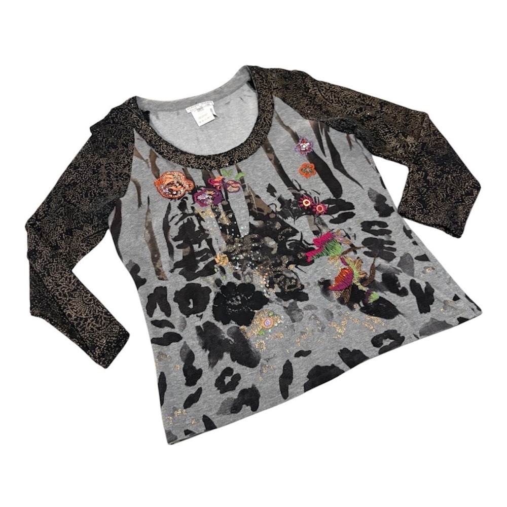 Alberto Makali Women's L Top Grey Leopard Sequin Floral Art to Wear‎ EUC - Picture 3 of 7